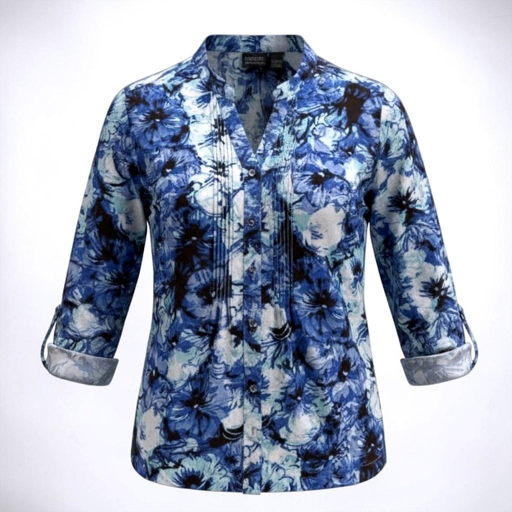 Chicos Additions Floral Pintuck Roll Tab Sleeve Cotton Blouse Blue Teal Size 1